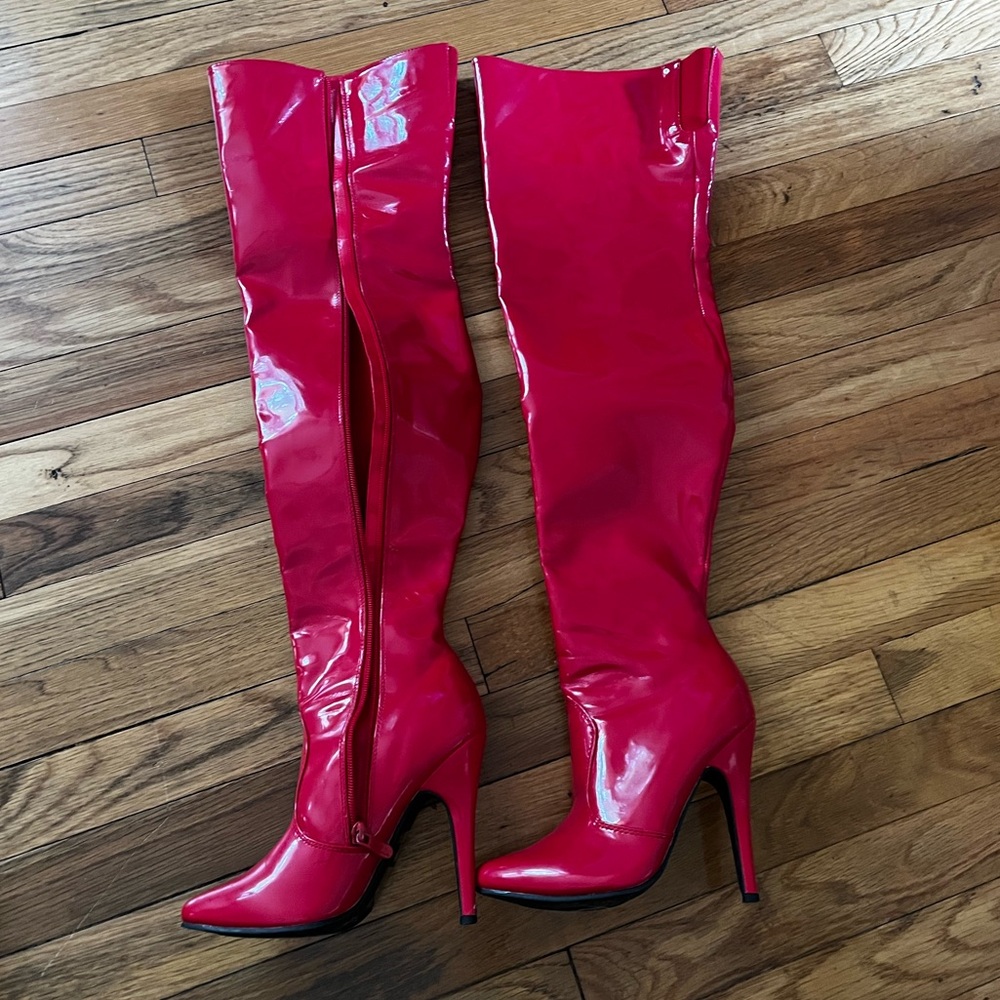 Vintage over the knee red pleather heeled boots
